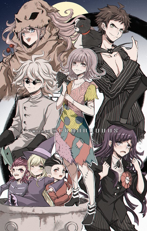 ahoge bangs black_headwear brown_hair cosplay criis-chan danganronpa:_trigger_happy_havoc danganronpa_(series) danganronpa_2:_goodbye_despair dress enoshima_junko halloween_costume hat hinata_hajime jack_skellington jack_skellington_(cosplay) jacket komaeda_nagito monokuma moon nanami_chiaki no_hair_ornament oogie_boogie oogie_boogie_(cosplay) outdoors short_hair short_sleeves smile sonia_nevermind souda_kazuichi striped striped_jacket sunglasses tanaka_gandamu the_nightmare_before_christmas top_hat tsumiki_mikan twitter_username