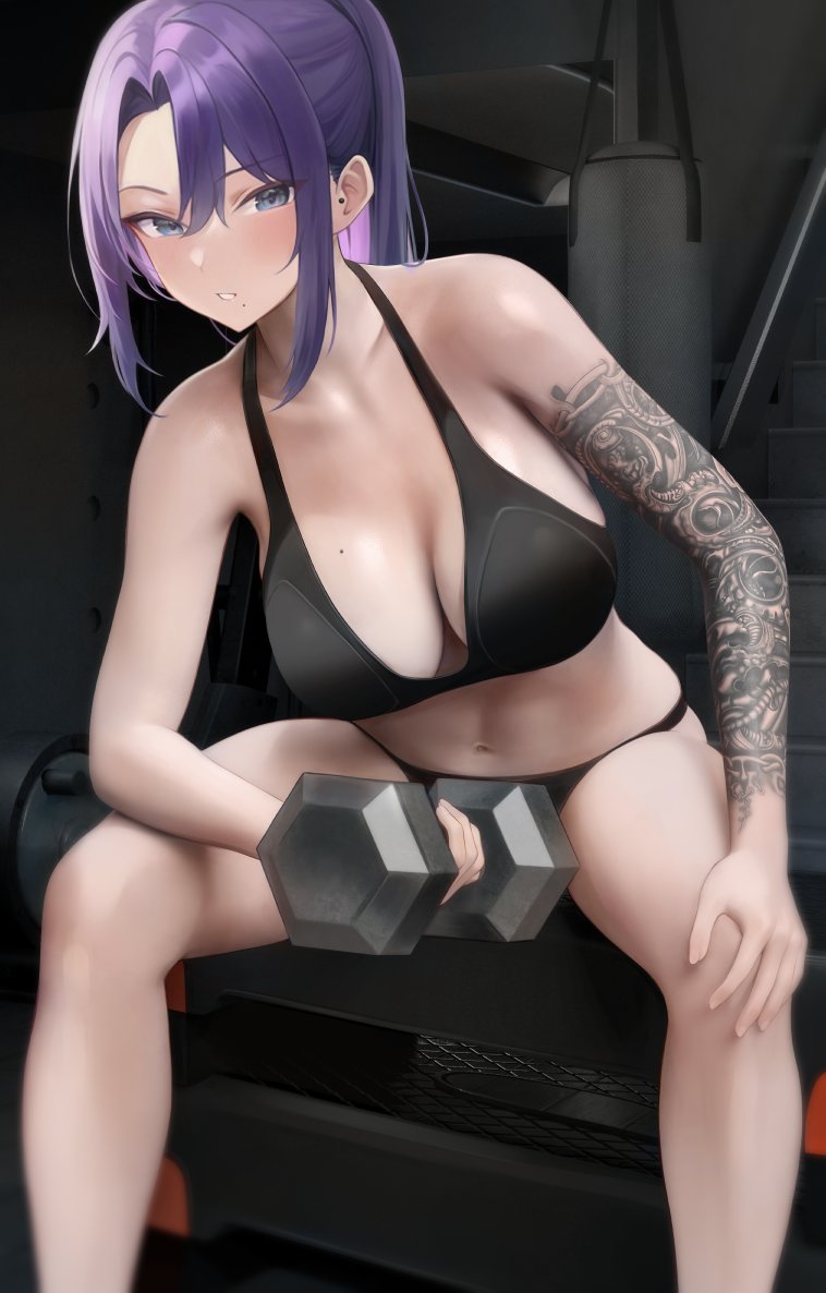 1girl arm_tattoo black_bra blue_eyes bra breasts cleavage dumbbell earrings exercise hand_on_own_knee indoors jewelry large_breasts leaning_forward mole mole_on_breast navel original ponytail preview_(preview0) purple_hair sitting skindentation solo sports_bra spread_legs tattoo tattoo_sleeve underwear