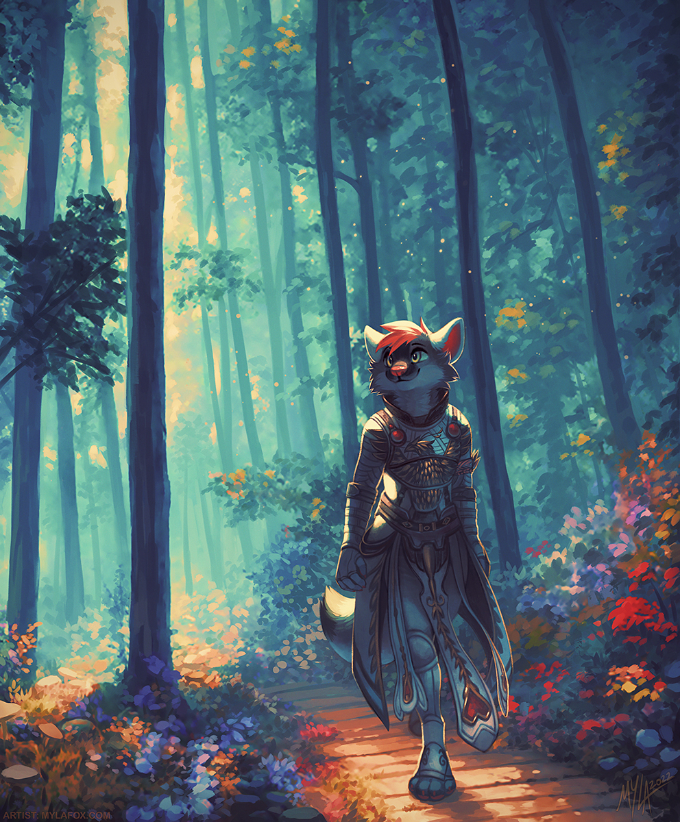 2022 anthro armor canid closed_smile clothed clothing dated female flower forest front_view full-length_portrait fungus fur glistening glistening_eyes grey_body grey_fur hair hi_res mammal mouth_closed mushroom mylafox orange_flower outside pink_flower plant portrait red_flower red_hair red_nose short_hair shrub signature solo text tree url walking white_body white_fur