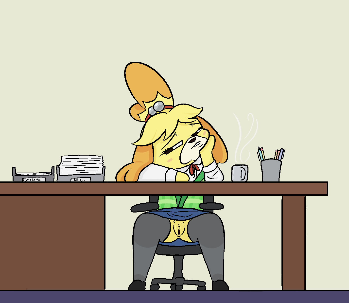 accessory animal_crossing anthro anus bored bottomwear canid canine canis chair clitoral_hood clothed clothing collared_shirt desk domestic_dog female footwear fur furniture genitals hair_accessory hand_on_cheek happy_harvey hi_res isabelle_(animal_crossing) legwear looking_away mammal mug nintendo no_underwear office office_chair paper pencil_(object) pens phone_drawing pussy shirt shoes skirt solo table thigh_highs tired topwear upskirt vest video_games yellow_body yellow_fur
