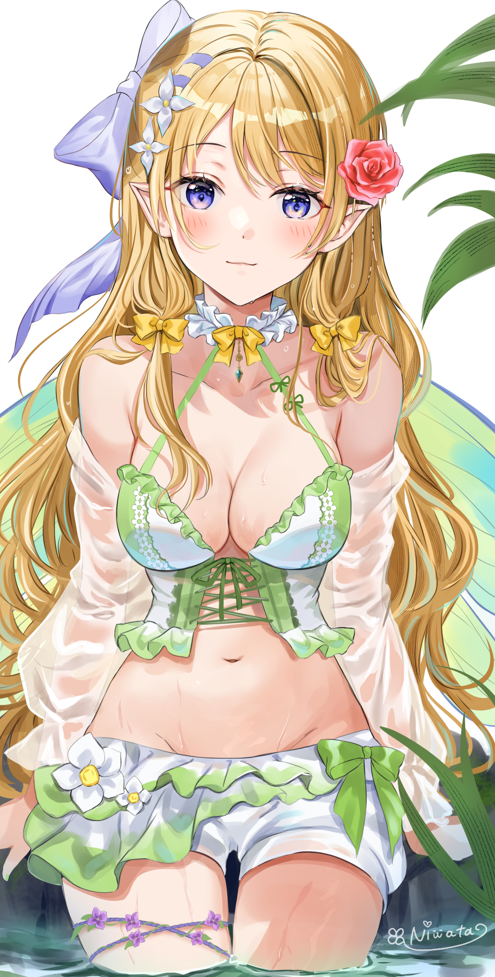 1girl bangs bare_shoulders bikini blonde_hair blush bow breasts cleavage closed_mouth collarbone elf flower green_bikini groin hair_bow hair_flower hair_ornament highres long_hair looking_at_viewer medium_breasts navel niwata0 original partially_submerged pointy_ears purple_bow purple_eyes red_flower sidelocks signature sitting smile solo stomach swimsuit very_long_hair water water_drop wet white_flower yellow_bow