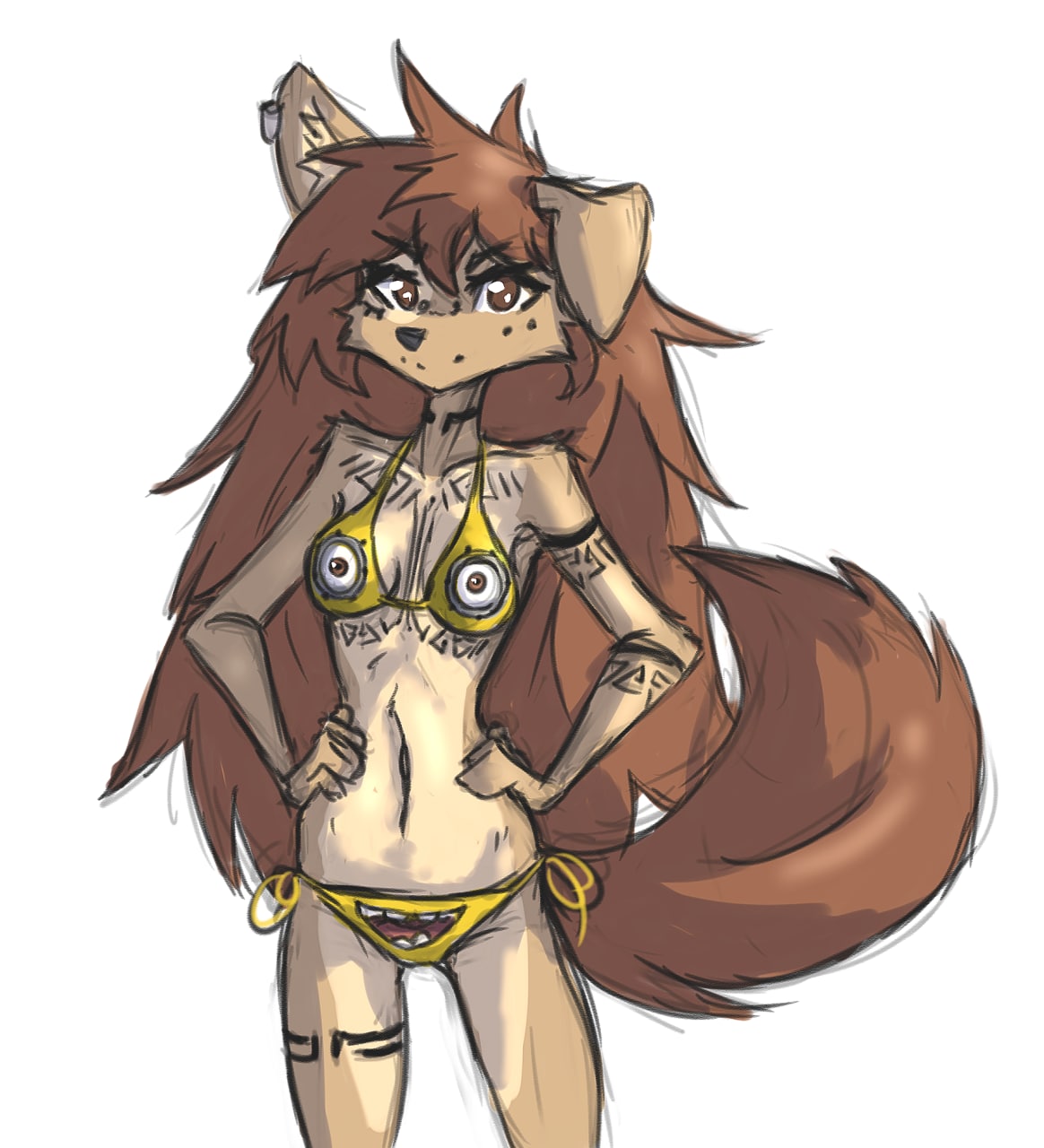 5_fingers anthro apogee_(tinygaypirate) arm_tuft bikini black_nose breasts brown_body brown_eyes brown_fur brown_hair canid canine canis cheek_tuft cleavage clothed clothing cowlick despicable_me domestic_dog ear_piercing eyebrow_through_hair eyebrows eyelashes facial_markings facial_piercing facial_tuft female fingers floppy_ears fur furgonomics furry-specific_piercing grey_background hair hands_on_hips head_markings hi_res illumination_entertainment inner_ear_fluff long_hair looking_at_viewer mammal markings messy_hair muzzle_piercing navel nose_piercing piercing side-tie_bikini simple_background slim smile solo spitz standing swimwear tinygaypirate translucent translucent_hair tuft