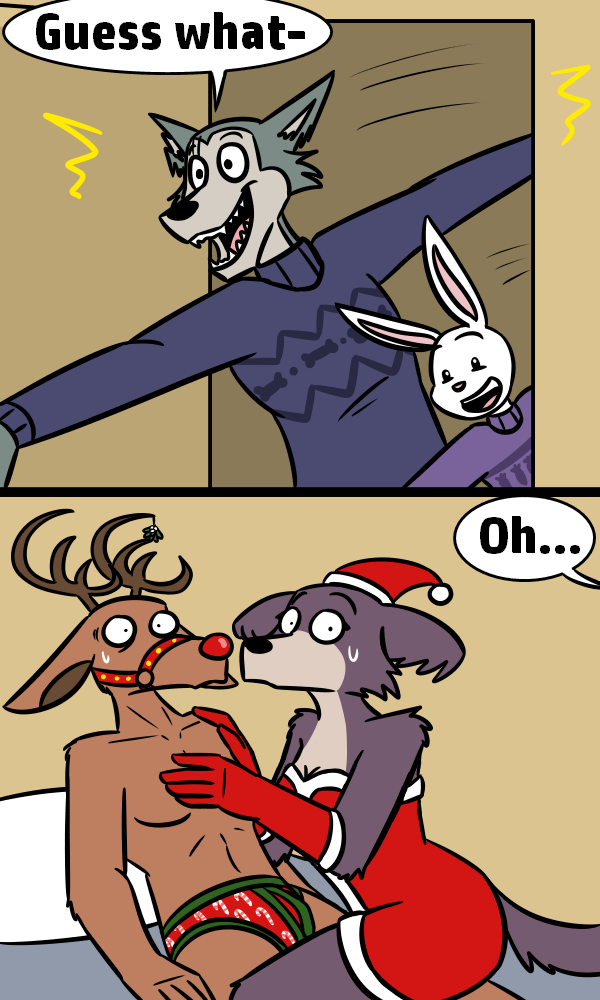 2022 5_fingers anthro anthro_on_anthro antlers beastars bed bedding bedroom black_nose blanket bodily_fluids bridle briefs brown_body brown_fur canid canine canis cervid cervine christmas christmas_clothing christmas_headwear clothed clothing comic costume dialogue digital_media_(artwork) domestic_rabbit dwarf_rabbit english_text eye_scar facial_scar fake_nose female fingers fur furniture grey_body grey_fur group haru_(beastars) hat headgear headwear holidays horn horsemanoftheapocalypse humanoid_hands interrupted juno_(beastars) lagomorph legoshi_(beastars) leporid louis_(beastars) lying male male/female mammal mistletoe on_back on_bed open_mouth open_smile oryctolagus pillow plant rabbit red_deer red_nose santa_costume santa_hat scar smile speech_bubble sweat sweatdrop sweater teeth text tongue topless topless_anthro topless_male topwear turtleneck underwear white_body white_fur wide_eyed wolf