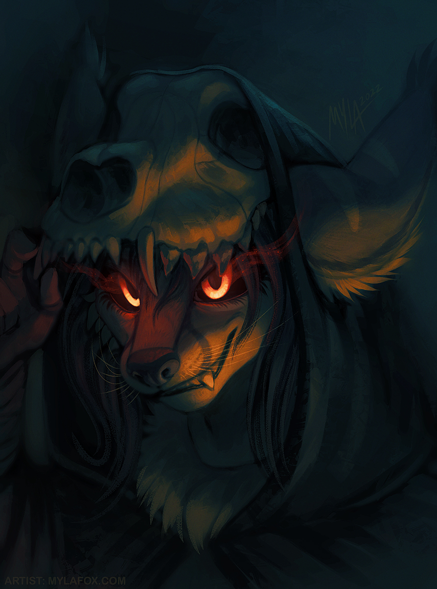 2022 anthro big_ears black_hood black_sclera bone bust_portrait canid canine clothed clothing dated ear_tuft fangs female fennec fox front_view glowing glowing_eyes grin hi_res mammal mylafox mylafox_(character) portrait red_eyes signature simple_background skull smile solo tuft whiskers
