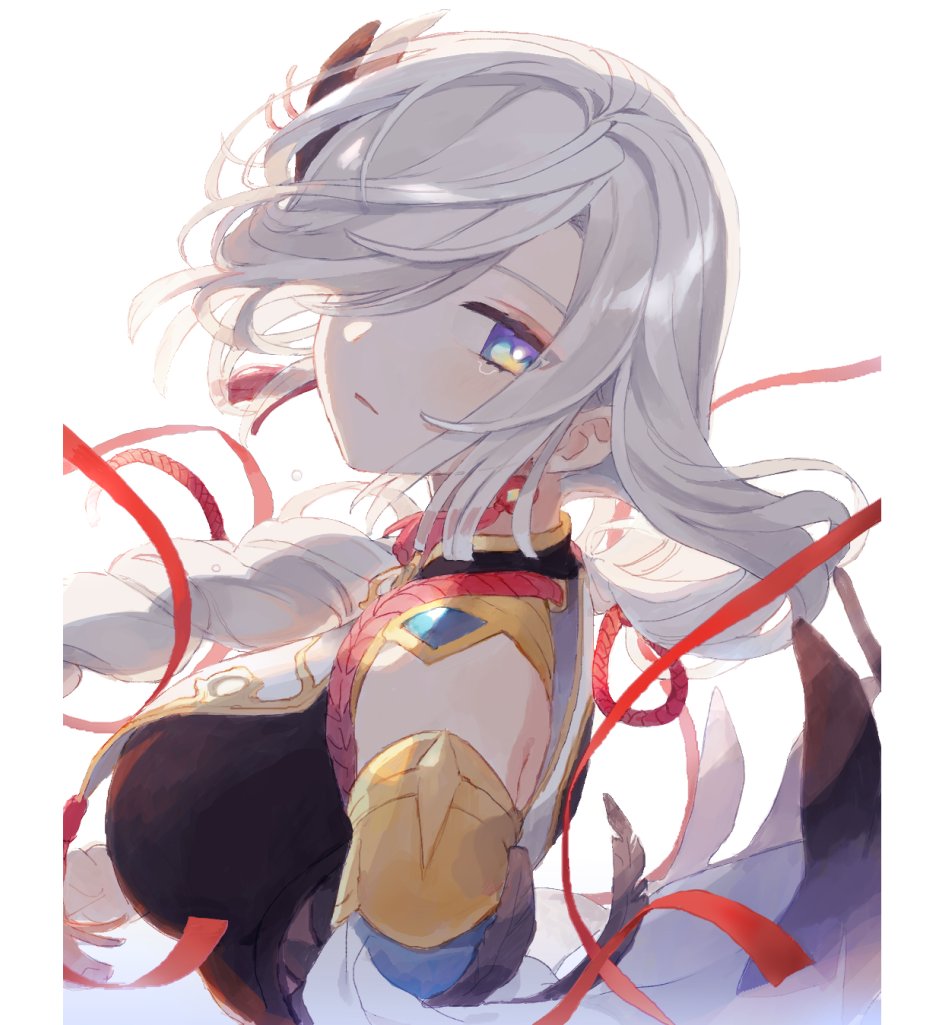 1girl aahaha_(ydasige11) bangs black_bodysuit bodysuit braid breast_curtains breasts detached_sleeves feathers genshin_impact grey_hair hair_ornament hair_over_one_eye large_breasts long_hair looking_at_viewer makeup parted_lips red_ribbon ribbon rope shenhe_(genshin_impact) simple_background solo tears upper_body very_long_hair white_background