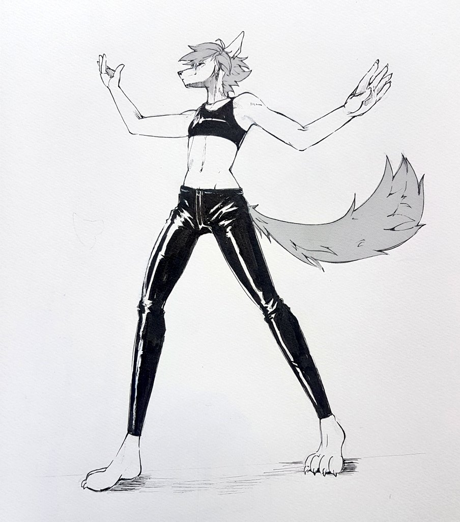 akatan_art anthro canid claws clothed clothing full-length_portrait hair male mammal midriff monochrome mouth_closed navel portrait rubber_legwear rubber_topwear short_hair simple_background solo standing toe_claws unsigned