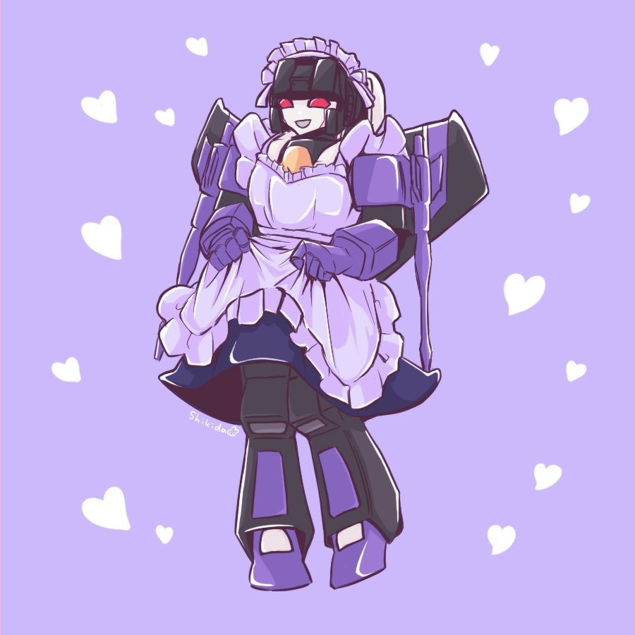 1boy arm_cannon clothed_robot clothes_lift commentary_request decepticon heart maid_headdress mecha no_humans open_mouth purple_background red_eyes robot science_fiction shikida_2ss skirt skirt_lift skywarp solo transformers weapon