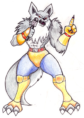 anthro biped canid canine canis clothing elbow_pads fangs knee_pads legwear low_res male mammal microphone muscular muscular_male open_mouth red_eyes reddragonkan solo tights traditional_media_(artwork) wolf wrestler wrestling