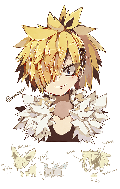 +++ 1boy alternate_color artist_name bangs black_hair black_shirt blonde_hair blue_eyes blush chibi chibi_inset closed_mouth collarbone commentary_request earrings fur_collar ghost hair_over_one_eye hair_ribbon happy jewelry jolteon light_blush looking_at_viewer male_focus multicolored_hair multiple_views one_eye_covered partial_commentary personification pokemon pokemon_(creature) ponytail profile ribbon shiny shiny_hair shiny_pokemon shira_(sirairo116) shirt sidelocks signature simple_background smile solid_oval_eyes spiked_hair stud_earrings sweat sweating_profusely tears twitter_username two-tone_hair umbreon upper_body white_background yellow_ribbon zapdos