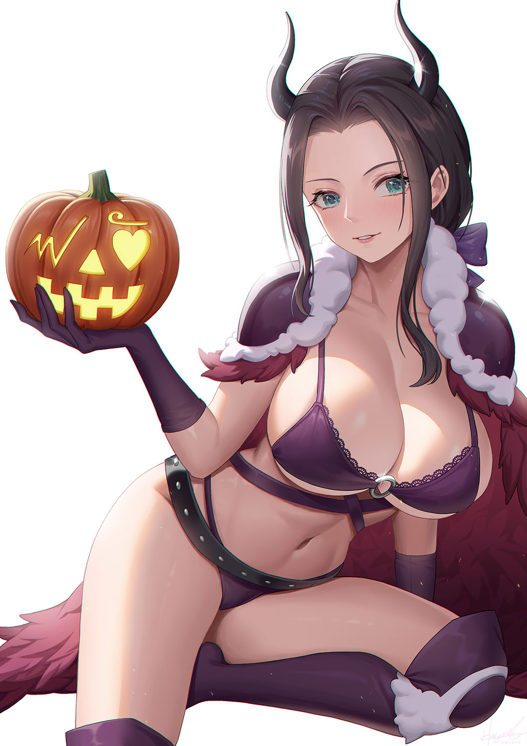 1girl alternate_costume belt black_belt black_hair blue_eyes bow bra breasts cape commentary demon_horns food fur_trim glint gloves hair_bow halloween hand_up highres holding holding_food holding_pumpkin holding_vegetable horns jack-o'-lantern lace-trimmed_bra lace_trim large_breasts leaf98k long_hair looking_at_viewer navel nico_robin o-ring one_knee one_piece panties parted_lips pumpkin purple_bow purple_bra purple_cape purple_gloves purple_panties purple_thighhighs sidelocks simple_background sitting solo stomach thighhighs thighs two-sided_cape two-sided_fabric underwear vegetable white_background