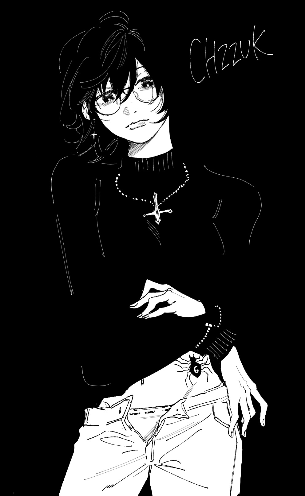 1girl bangs bead_bracelet beads blending bracelet breasts clothes_lift cowboy_shot cross cross_earrings cross_necklace earrings glasses greyscale groin head_tilt highres hunter_x_hunter inverted_cross jewelry karasuma_(wbeach01) lifted_by_self long_hair long_sleeves looking_at_viewer medium_hair midriff monochrome navel necklace open_pants panties pants shizuku_(hunter_x_hunter) short_hair simple_background solo spider_tattoo stomach_tattoo sweater sweater_lift tattoo turtleneck turtleneck_sweater underwear