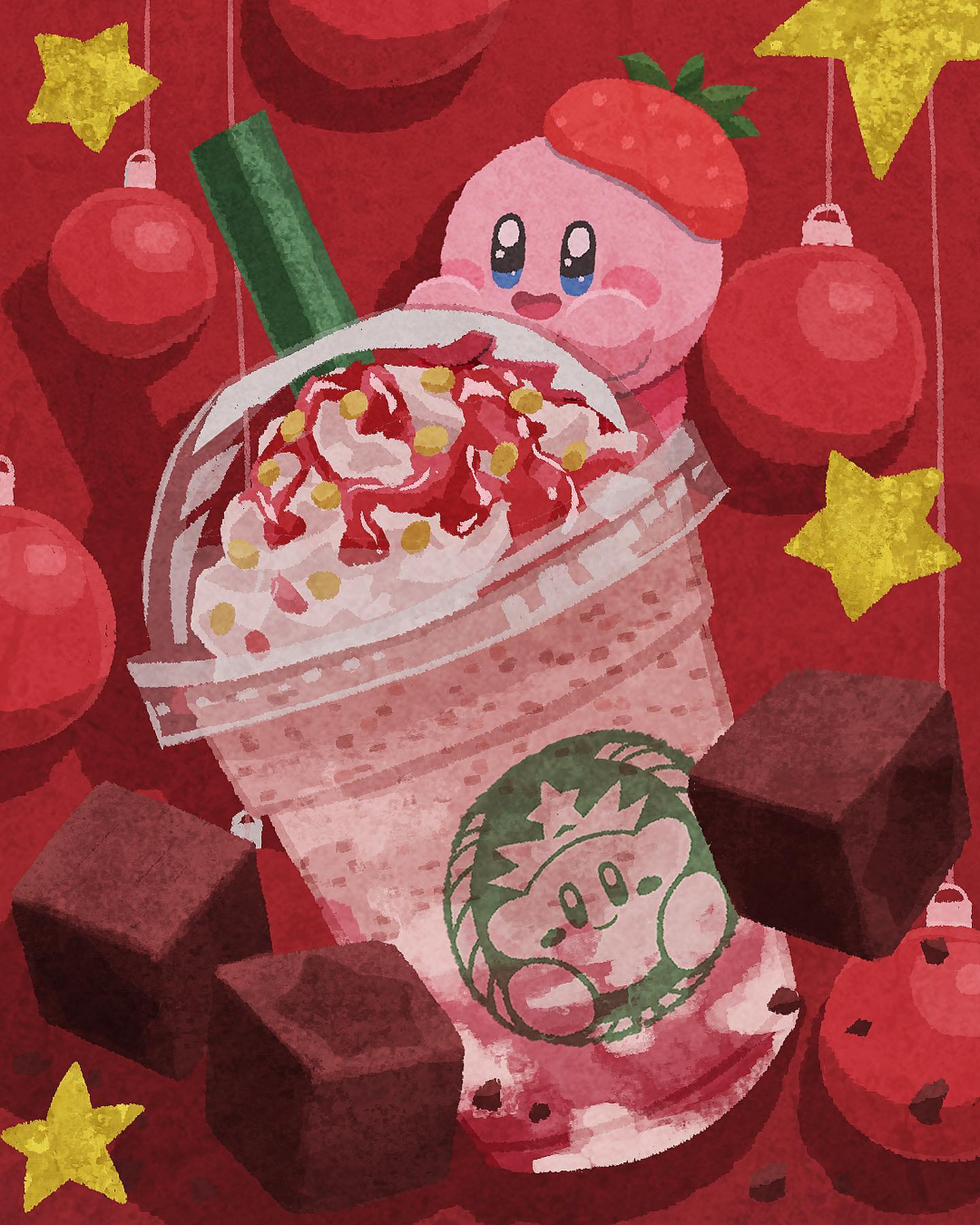 black_eyes blue_eyes colored_skin crossover cup disposable_cup drink drinking_straw food frappuccino fruit highres kirby kirby's_dream_land kirby_(series) miclot no_humans open_mouth pink_skin sparkling_eyes star_(symbol) starbucks strawberry