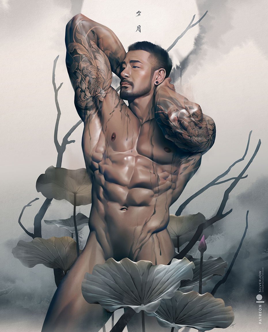 1boy abs arm_tattoo asian bara black_hair completely_nude convenient_censoring facial_hair flower large_pectorals male_focus mid-autumn_festival muscular muscular_male navel nipples nude original pectorals short_hair silverjow solo tattoo thick_thighs thighs