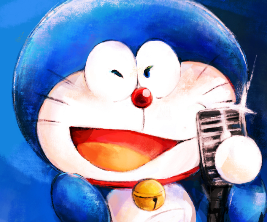 2022 anthro bell blue_background blue_body blue_fur collar domestic_cat doraemon doraemon_(character) felid feline felis fur looking_at_viewer machine male mammal microphone mt_tg open_mouth pouch_(anatomy) red_collar red_nose robot shaded simple_background solo standing whiskers white_body white_fur