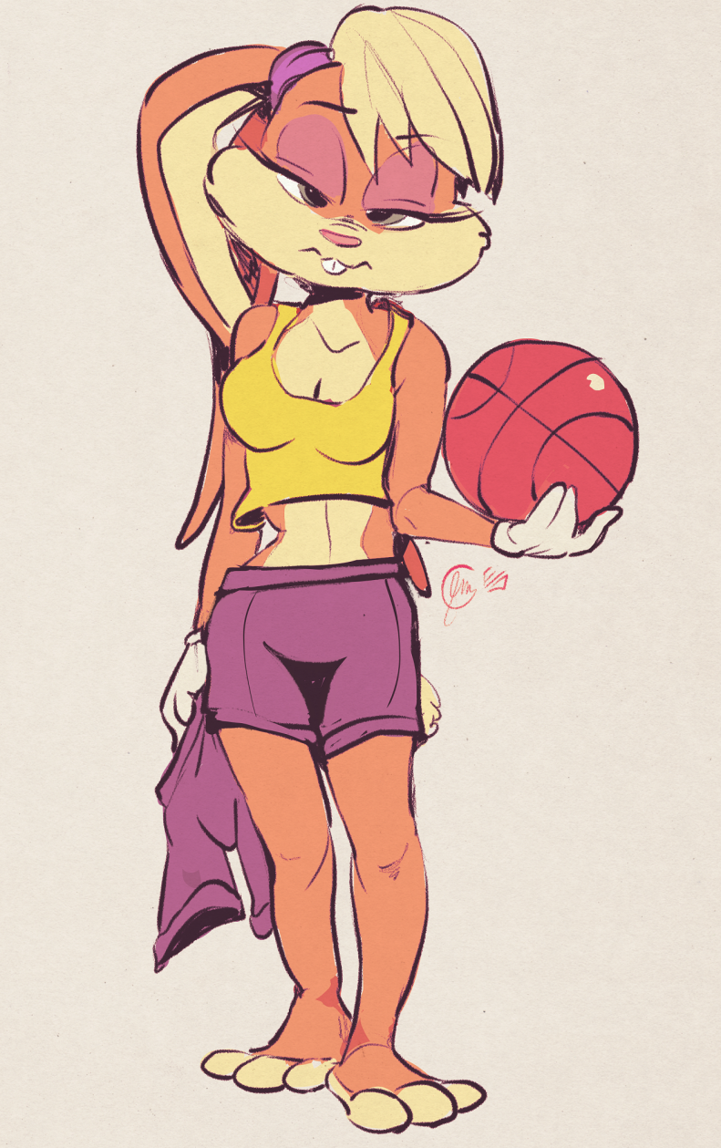 anthro ball basketball_(ball) basketball_uniform bottomwear clothing edtropolis female hi_res holding_bottomwear holding_clothing holding_object holding_shorts lagomorph leporid lola_bunny looney_tunes mammal rabbit shirt shorts solo sportswear tank_top topwear uniform warner_brothers