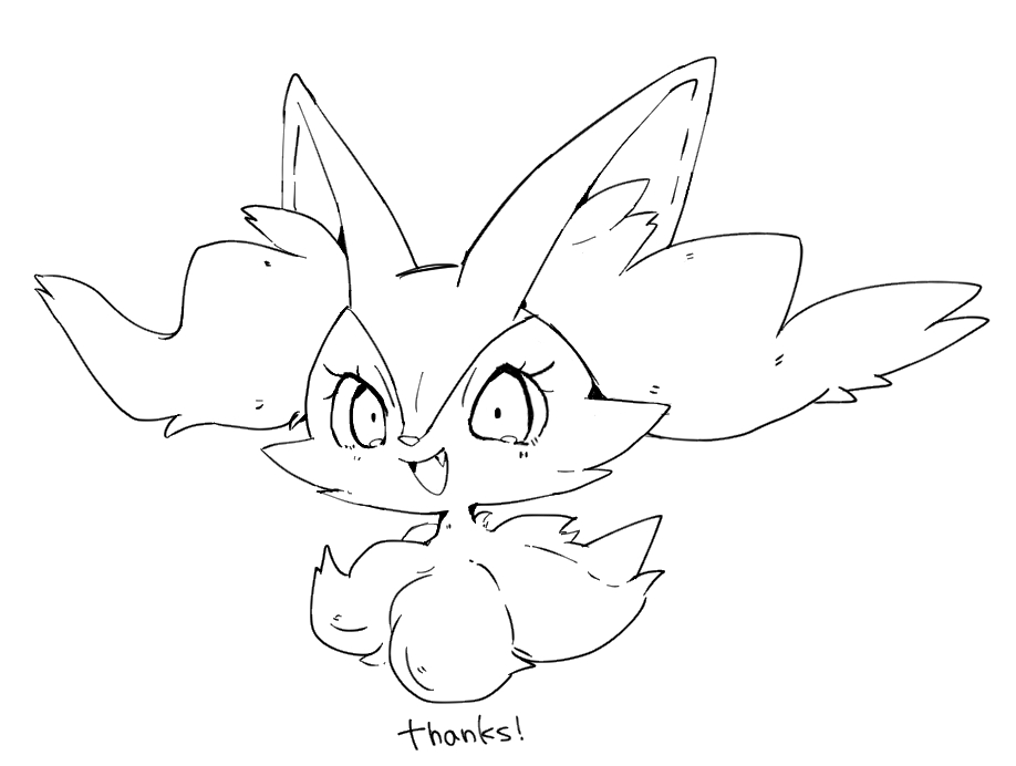 1girl animal_ear_fluff animal_ears animal_nose braixen commentary_request english_text fang fox_ears fox_girl fur_collar furry furry_female greyscale happy looking_at_viewer monochrome open_mouth partial_commentary pokemon pokemon_(creature) portrait shira_(sirairo116) simple_background sketch smile solo thank_you white_background wide-eyed