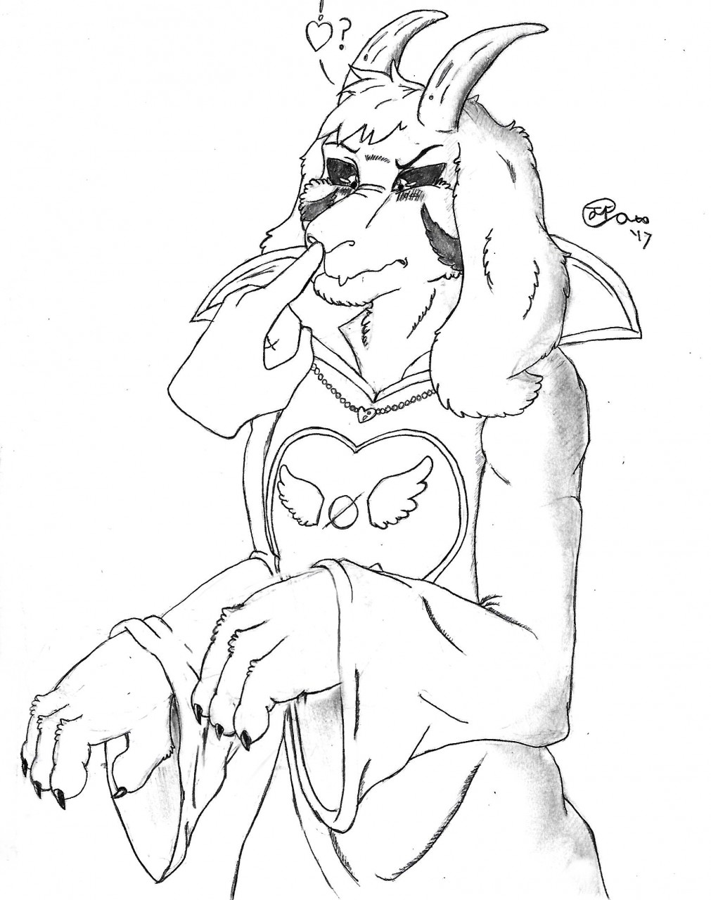 &lt;3 2017 anthro asriel_dreemurr_(god_form) black_eyes boop bovid caprine claws clothed clothing disembodied_hand ears_down fur goat half-length_portrait hi_res horn jimfoxx male mammal mouth_closed nose_boop pivoted_ears portrait question_mark robe signature solo undertale undertale_(series) video_games