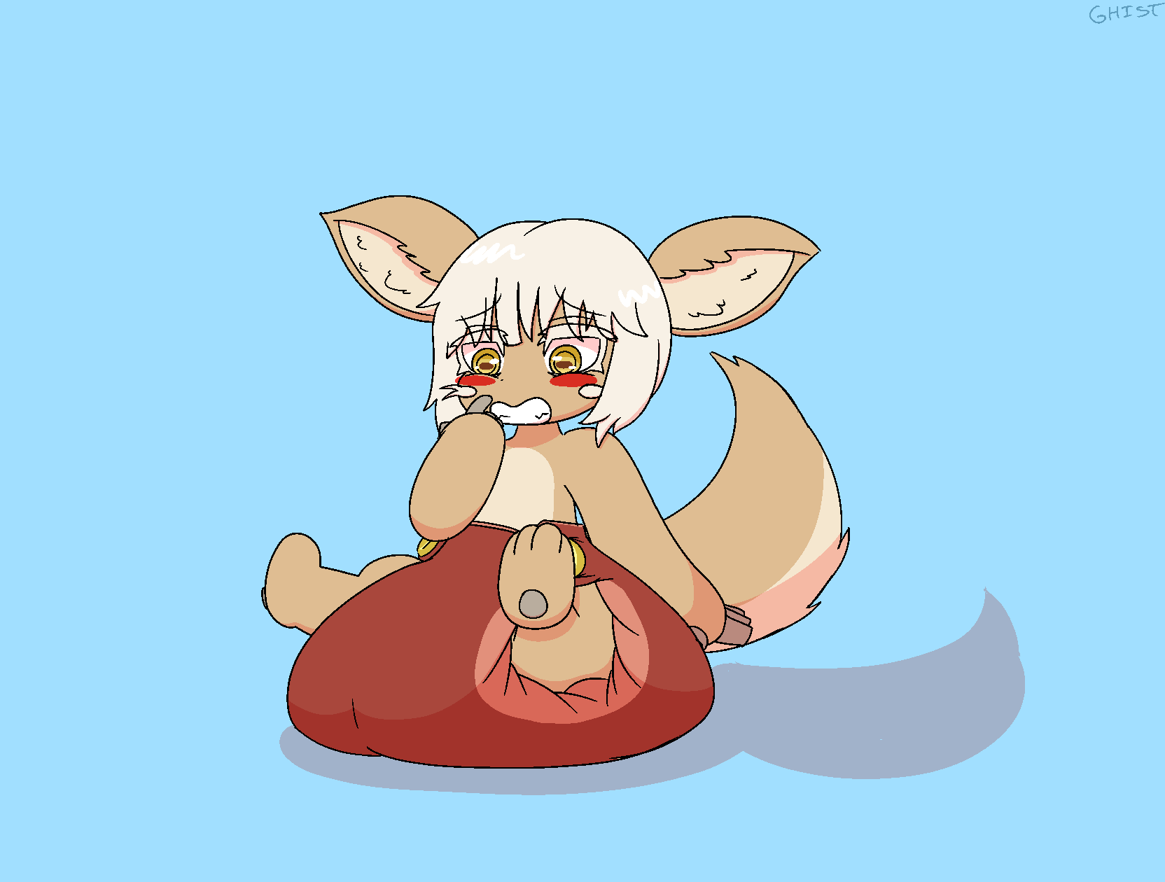 2021 ambiguous_gender anthro big_diaper blush brown_body brown_fur clenched_teeth diaper embarrassed fur goodheavansitsshulktime hair hi_res lagomorph leporid long_ears made_in_abyss mammal multicolored_body multicolored_fur nanachi narehate poof poofy poofy_diaper rabbit raised_tail short_hair simple_background solo teeth whiskers yellow_eyes