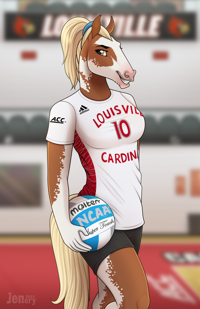 adidas anthro athlete ball blonde_hair bottomwear breasts brown_body brown_fur clothed clothing equid equine female fully_clothed fur gym gym_bottomwear gym_clothing gym_shorts hair hi_res horse inside jenery mammal ncaa ponytail shirt shorts smile solo sport t-shirt teeth topwear volleyball volleyball_(ball) volleyball_uniform