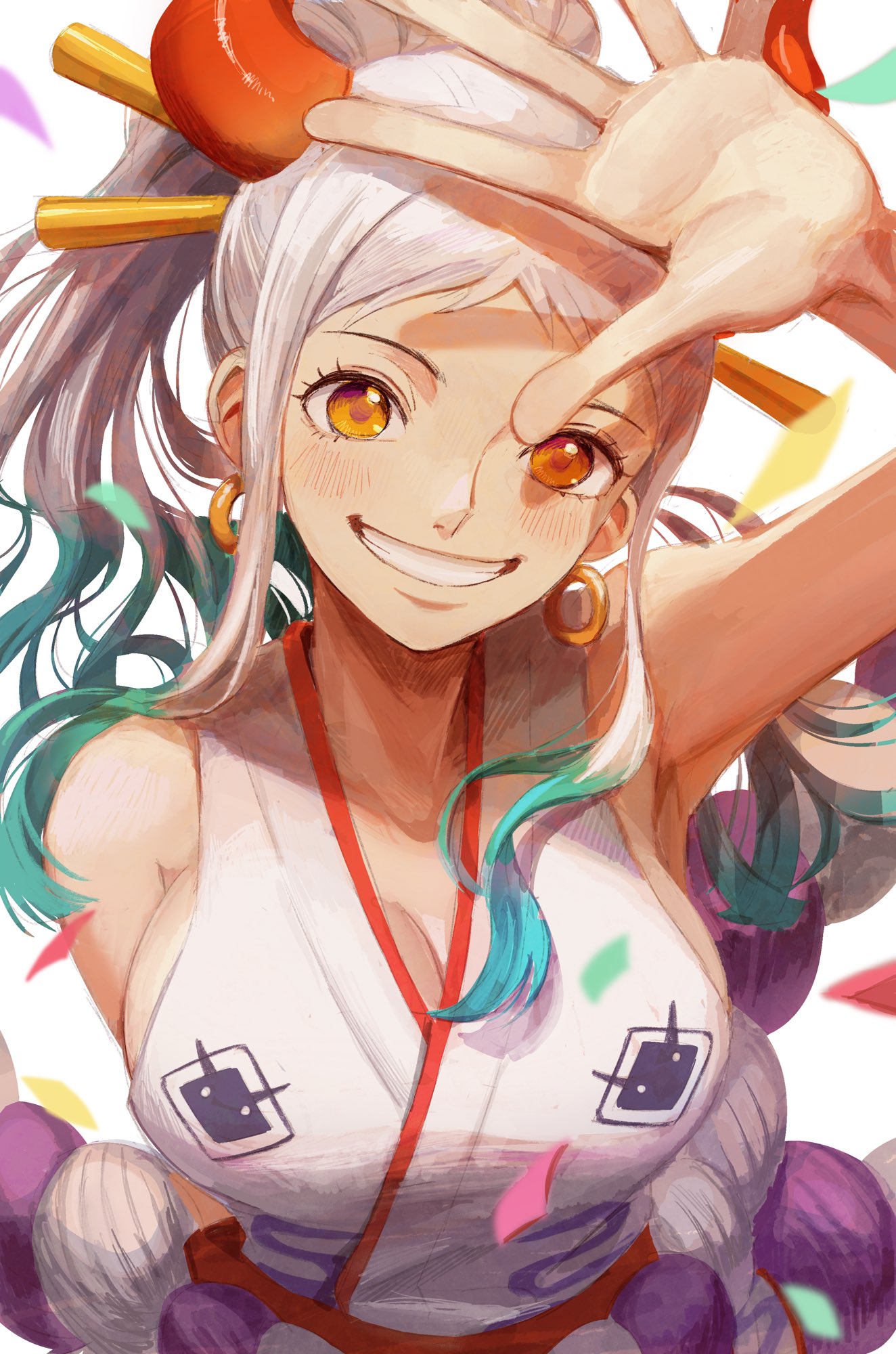 1girl bare_shoulders breasts curled_horns earrings green_hair hair_ornament hair_stick highres horns japanese_clothes jewelry kimono large_breasts long_hair looking_at_viewer multicolored_hair multicolored_horns oekakiboya one_piece oni red_horns rope shimenawa sleeveless smile solo white_hair yamato_(one_piece)