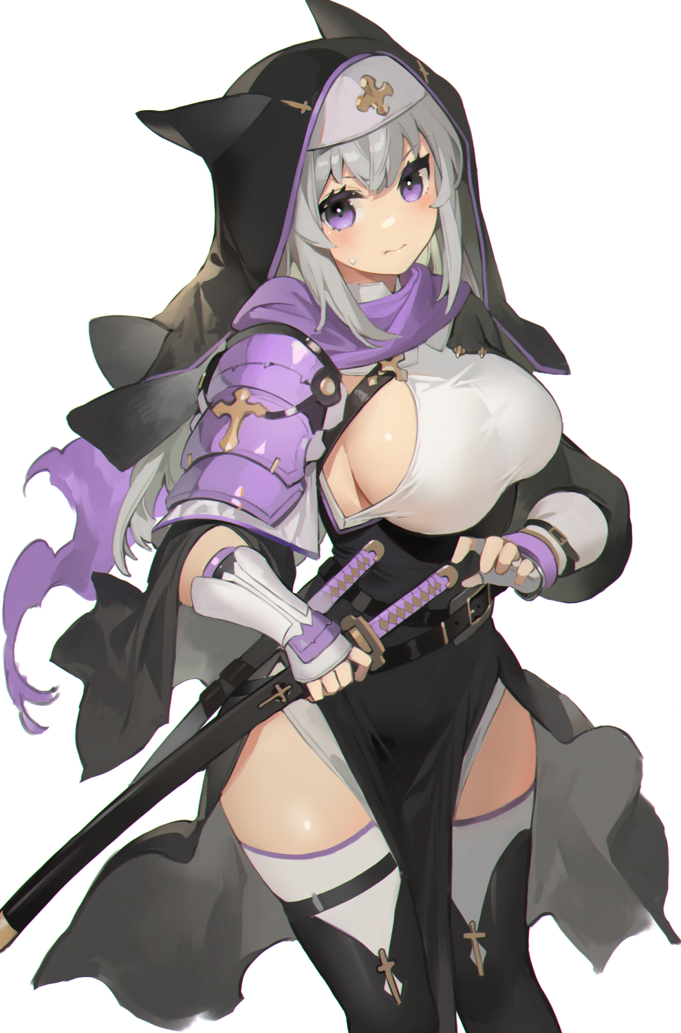 1girl akizone armor bangs belt black_belt black_thighhighs breasts closed_mouth feet_out_of_frame grey_hair habit highres katana large_breasts long_hair nun original purple_eyes sheath sheathed shiny shiny_skin shoulder_plates simple_background solo sweatdrop sword thighhighs weapon white_background white_thighhighs