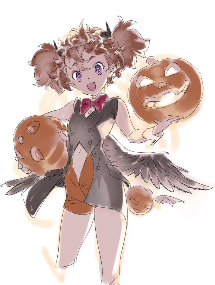 1girl bat_wings brown_hair cropped_legs curly_hair fangs halloween halloween_costume horns jack-o'-lantern looking_at_viewer nishieda open_mouth original purple_eyes shorts simple_background twintails wings wrist_cuffs