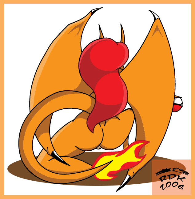 anthro biped butt charizard digital_drawing_(artwork) digital_media_(artwork) female fire generation_1_pokemon genitals hair horn nintendo nude orange_body pokeball pokemon pokemon_(species) pokemorph pussy red_hair reddragonkan scalie solo video_games wings