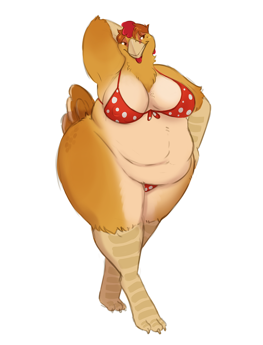 anthro avian avian_caruncle beak bird bird_feet bra chicken clothing dewlap_(anatomy) faeseiren feathers female galliform gallus_(genus) hand_behind_head mature_female morbidly_obese morbidly_obese_anthro morbidly_obese_female obese obese_anthro obese_female overweight overweight_anthro overweight_female panties phasianid simple_background solo tail_feathers thick_thighs underwear wattle white_background wide_hips yellow_body yellow_feathers