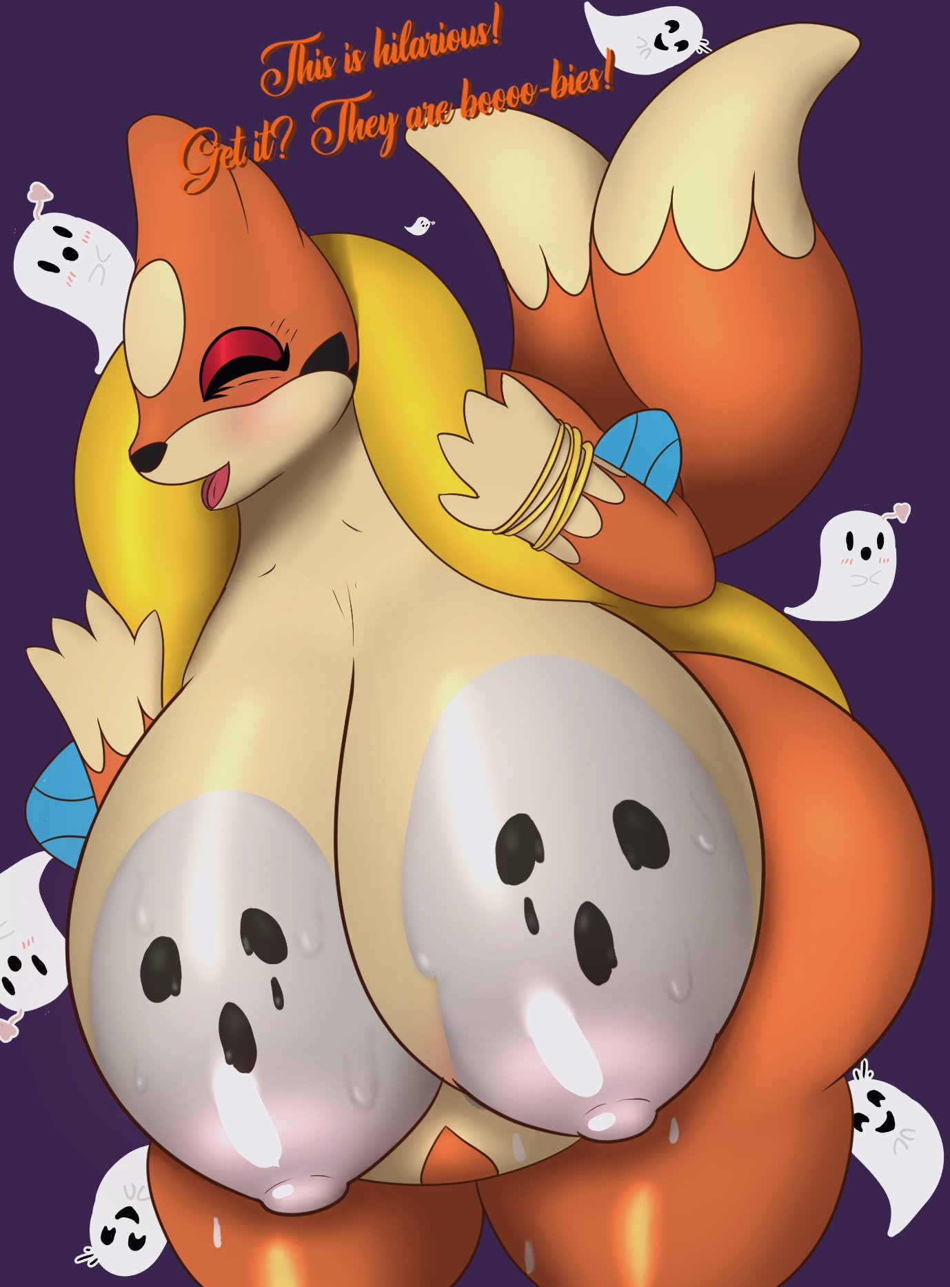 2022 2_tails anthro areola big_areola big_breasts biped blush bodypaint bracelet bracelet_only breasts curvy_figure dialogue dipstick_tail english_text eyes_closed fan_character female fio_(pandashorts) floatzel front_view fur generation_4_pokemon ghost halloween hi_res holidays huge_breasts jewelry markings multi_tail multicolored_body multicolored_fur nintendo nipples nude open_mouth orange_body orange_fur overweight overweight_anthro overweight_female painted_breasts pandashorts pokemon pokemon_(species) purple_background simple_background solo spirit standing tail_markings talking_to_viewer tan_body tan_fur text thick_thighs two_tone_body two_tone_fur video_games voluptuous wide_hips
