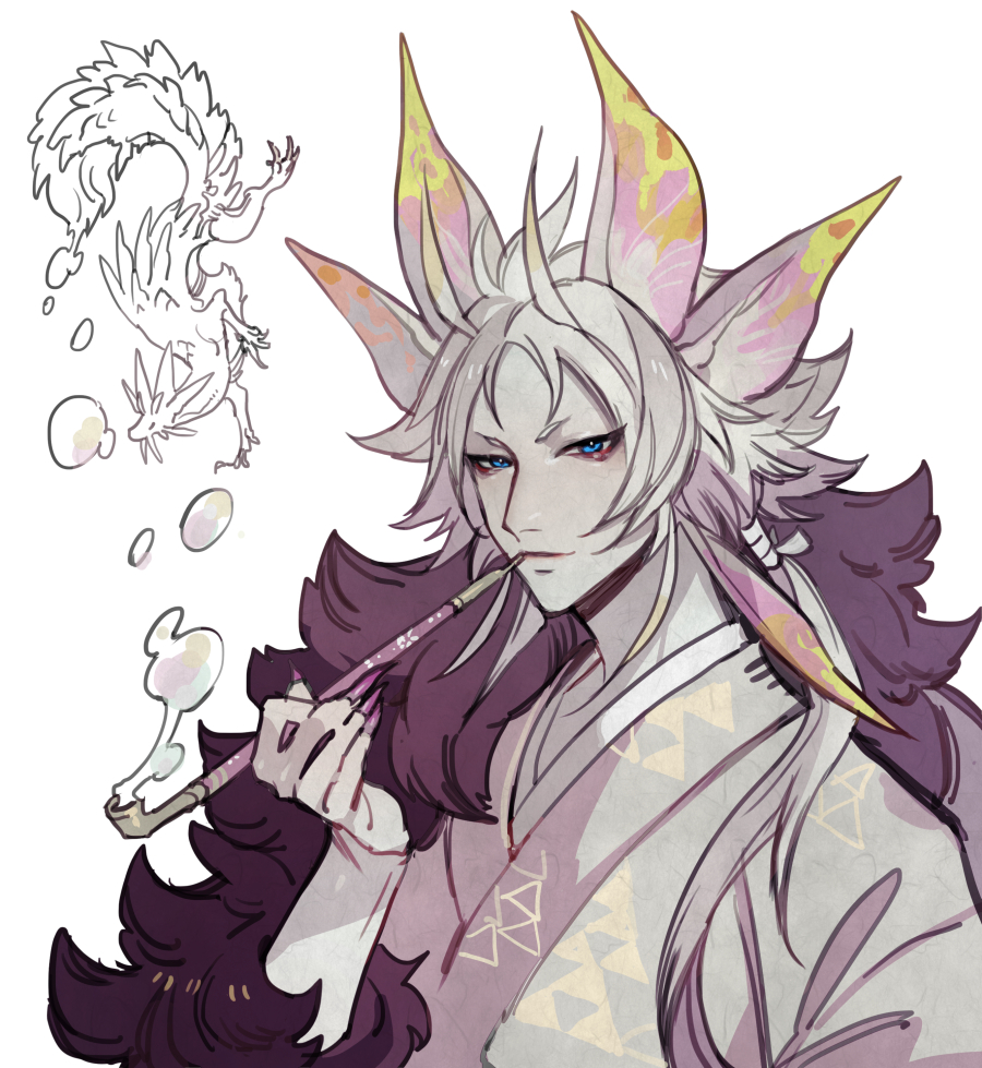 1boy animal animal_ears azaya_(kuroi_azaya) blue_eyes bubble closed_mouth fur_trim grey_hair grey_kimono hair_horns hand_up holding holding_smoking_pipe japanese_clothes kimono kiseru long_hair looking_at_viewer low_ponytail male_focus mizutsune monster_hunter_(series) multiple_animal_ears pale_skin personification simple_background smoking smoking_pipe solo upper_body white_background