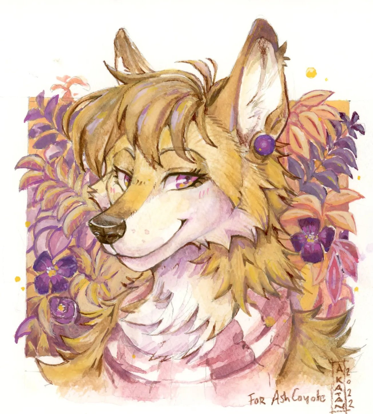 2022 akatan_art anthro ashcoyote black_nose brown_hair canid cheek_tuft chest_tuft closed_smile dated ear_piercing eyelashes facial_tuft female floral_background flower fur glistening glistening_nose hair hi_res mammal mouth_closed multicolored_eyes neck_tuft piercing pink_eyes plant purple_flower signature solo tuft two_tone_eyes white_body white_fur yellow_body yellow_eyes yellow_fur