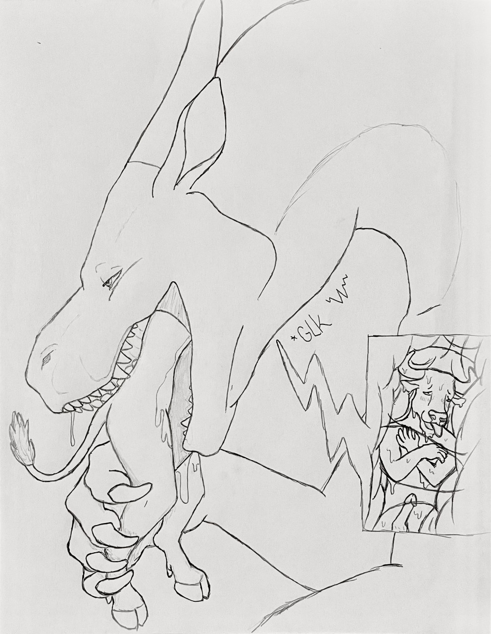 anthro bodily_fluids bovid bovine cattle dragon duo erection feral genitals glk hgythshs hi_res holding_partner horn humanoid_genitalia humanoid_penis internal licking_crotch long_ears looking_pleasured male male/male mammal open_mouth penis saliva scalie size_difference tongue tongue_out traditional_media_(artwork) vore western_dragon willing_prey