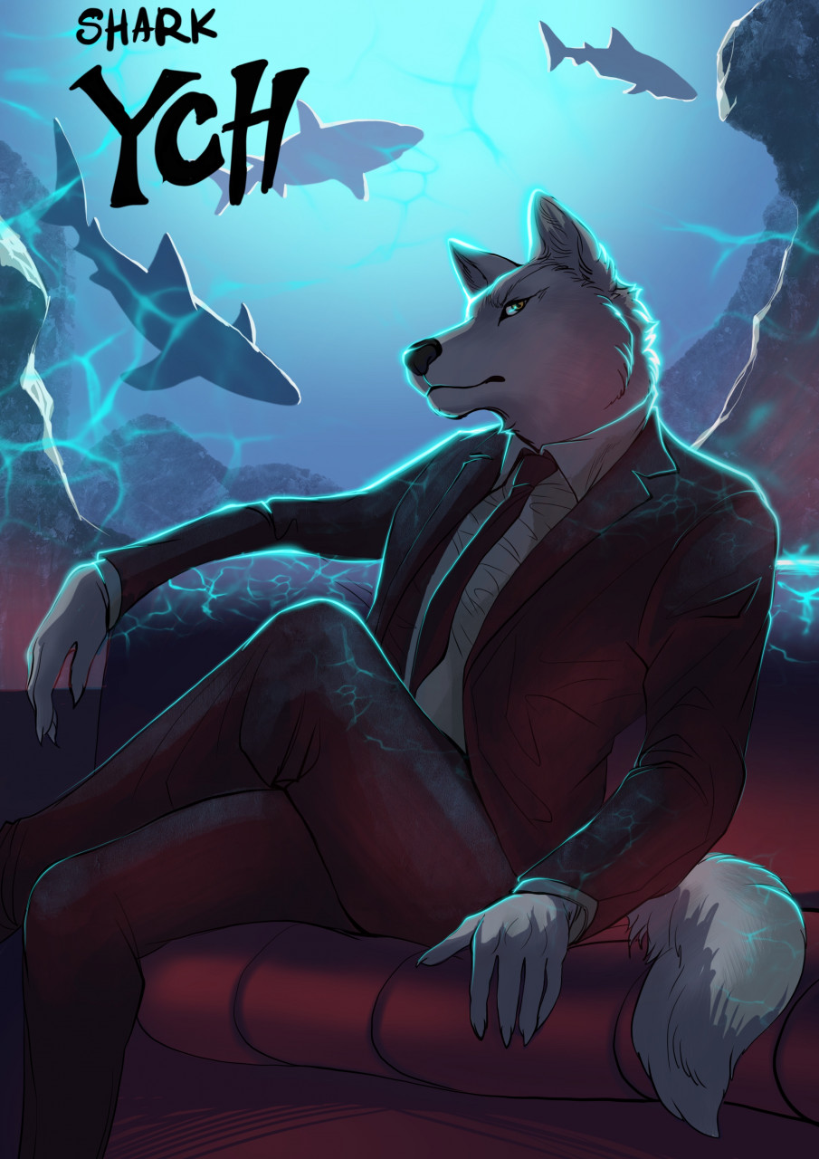 anthro bent_legs canid canine canis clothed clothing crossed_legs fish fur hi_res leg_over_thigh littlebadwolf male mammal marine shark sitting solo suit wolf ych_(character)