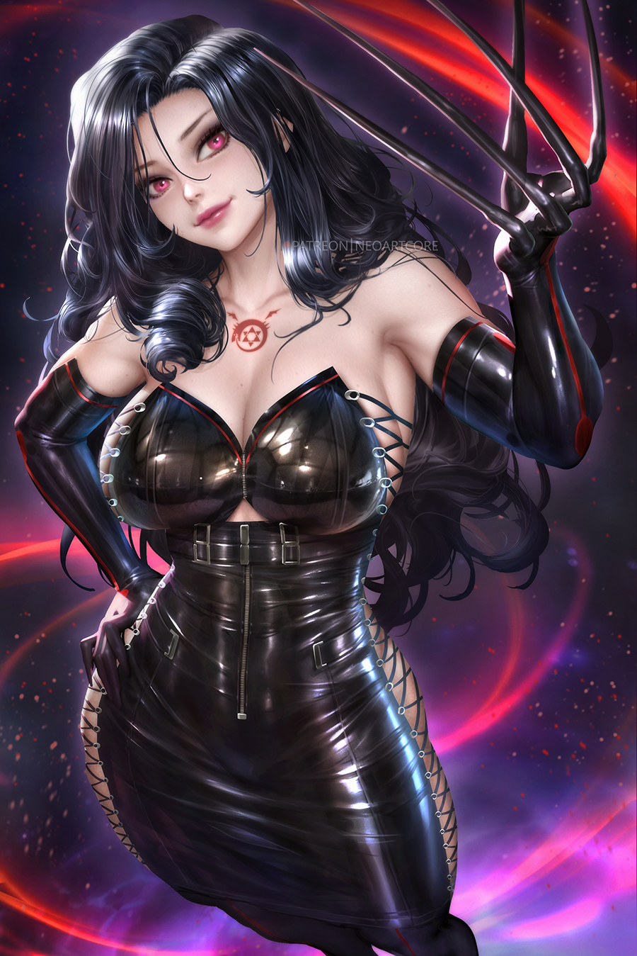 1girl black_gloves black_hair breasts claws cleavage elbow_gloves fullmetal_alchemist gloves hand_on_hip highres lips long_hair looking_at_viewer lust_(fma) neoartcore ouroboros patreon_username red_eyes solo standing tattoo