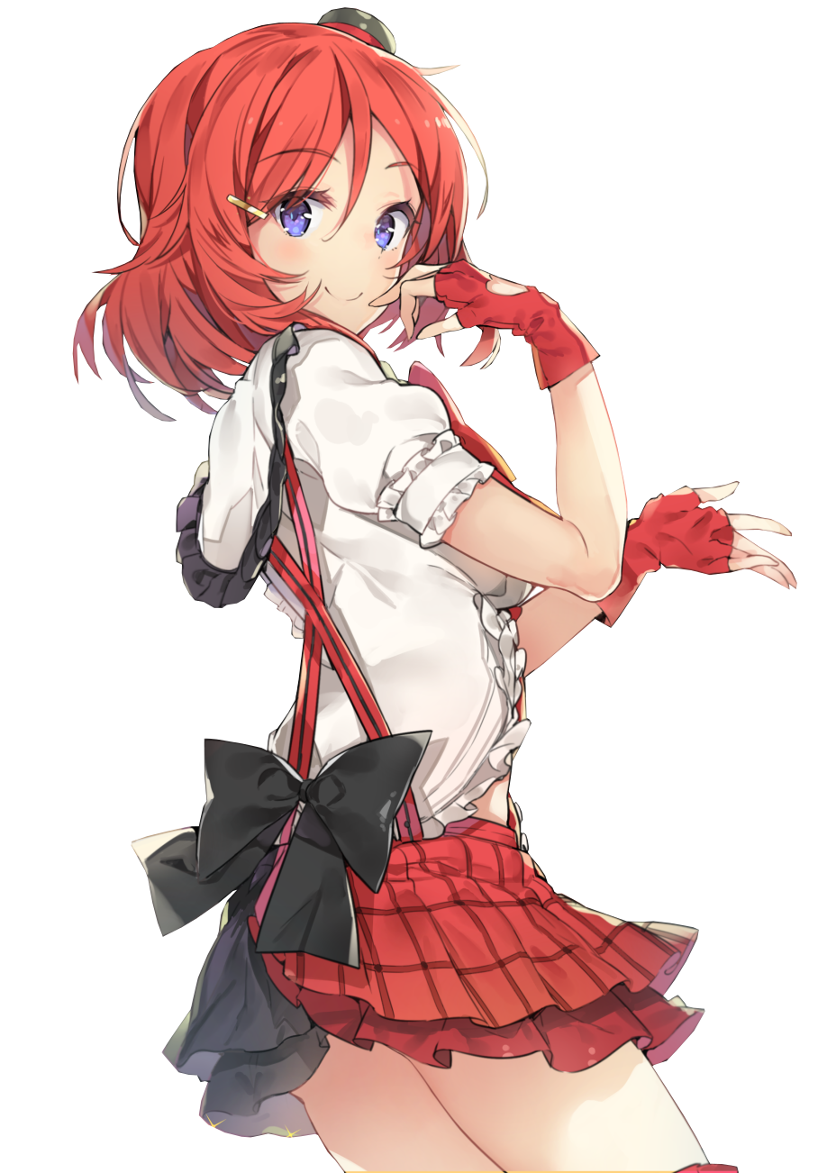 1girl bag bangs bow fingerless_gloves from_side gloves handbag highres long_hair looking_at_viewer love_live! love_live!_school_idol_project nishikino_maki non-web_source purple_eyes red_hair solo source_request transparent_background upper_body wavy_hair yuran
