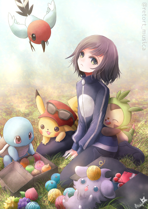 1boy bangs berry_(pokemon) bird brown_hair calem_(pokemon) chespin closed_mouth commentary_request espurr fletchling frown jacket long_sleeves male_focus medium_hair pants pikachu pokemon pokemon_(creature) pokemon_(game) pokemon_xy shoes sirius. sitting squirtle watermark yarn yarn_ball zipper_pull_tab