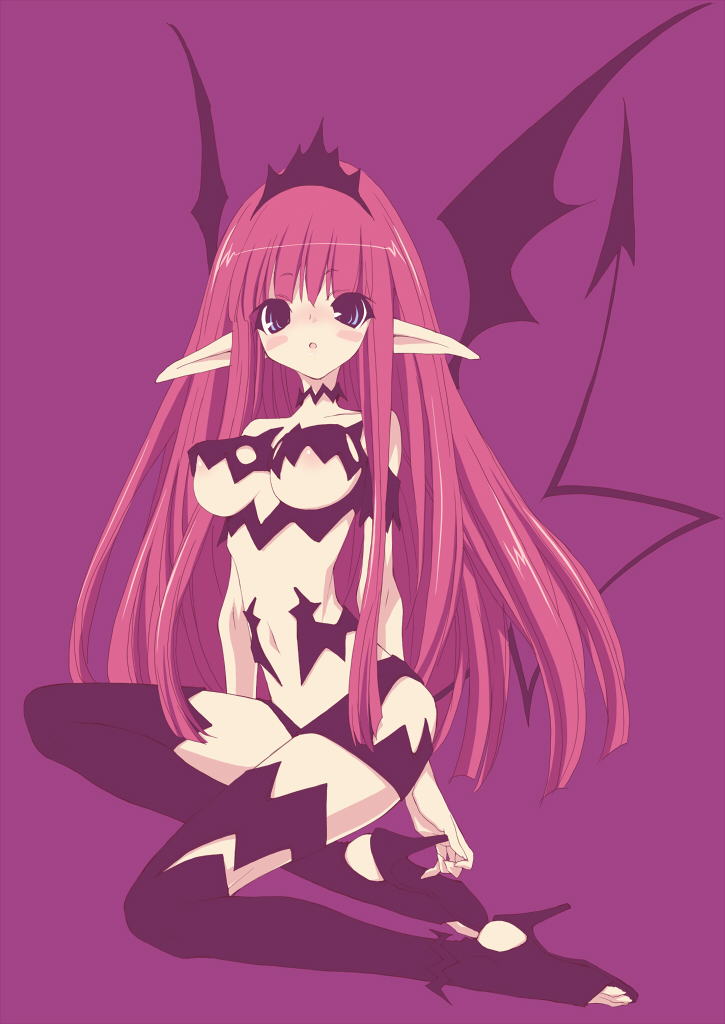 bat_wings blue_eyes blush breasts demon_girl full_body high_heels large_breasts long_hair navel original pink_hair pointy_ears shoes simple_background solo succubus tail tiara wings yusa_maruboro