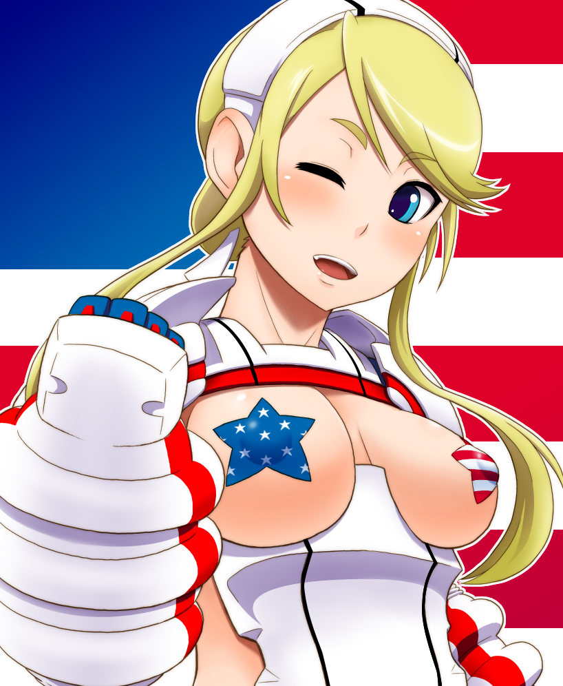 america blonde_hair blue_eyes breastless_clothes breasts heroman large_breasts lina_davis one_eye_closed pasties solo tomatto_(@ma!)