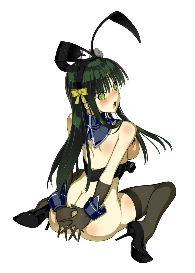 animal_ears back bad_hands bad_id bad_pixiv_id blush bow breasts bunny_ears covering from_behind full_body gloves green_hair high_heels long_hair medium_breasts nakabayashi_reimei no_panties one_eye_closed ouka_nagisa shoes sideboob simple_background solo super_robot_wars super_robot_wars_original_generation thighhighs yellow_bow yellow_eyes