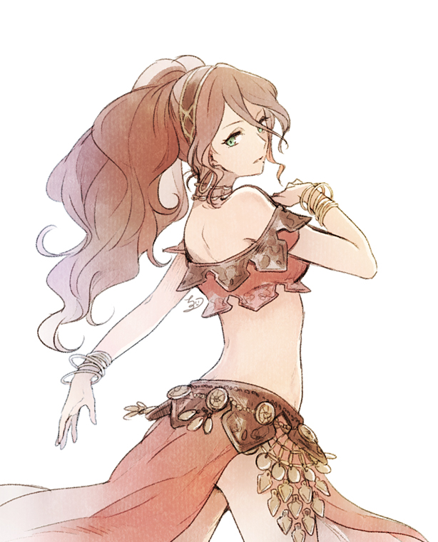 1girl bare_shoulders bracelet brown_hair chizu_(fiute) cowboy_shot dancer green_eyes hairband jewelry long_hair looking_back midriff octopath_traveler parted_lips ponytail primrose_azelhart simple_background solo strapless tubetop white_background