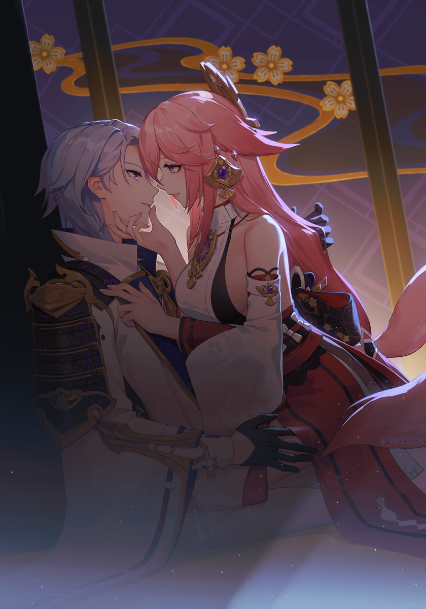 1boy 1girl animal_ears armor bangs bare_shoulders black_gloves blue_eyes blue_hair breasts coat detached_sleeves earrings eye_contact face-to-face fox_ears fox_girl fox_tail from_side genshin_impact gloves hair_between_eyes hand_on_another's_chin hetero highres imminent_kiss indoors japanese_clothes jewelry kamisato_ayato long_hair long_sleeves looking_at_another medium_breasts nontraditional_miko pajamas pants pink_hair purple_eyes rj_(lingshih10) screen shoulder_armor sideboob sitting sitting_on_lap sitting_on_person smile tail twitter_username white_coat white_pants wide_sleeves yae_miko