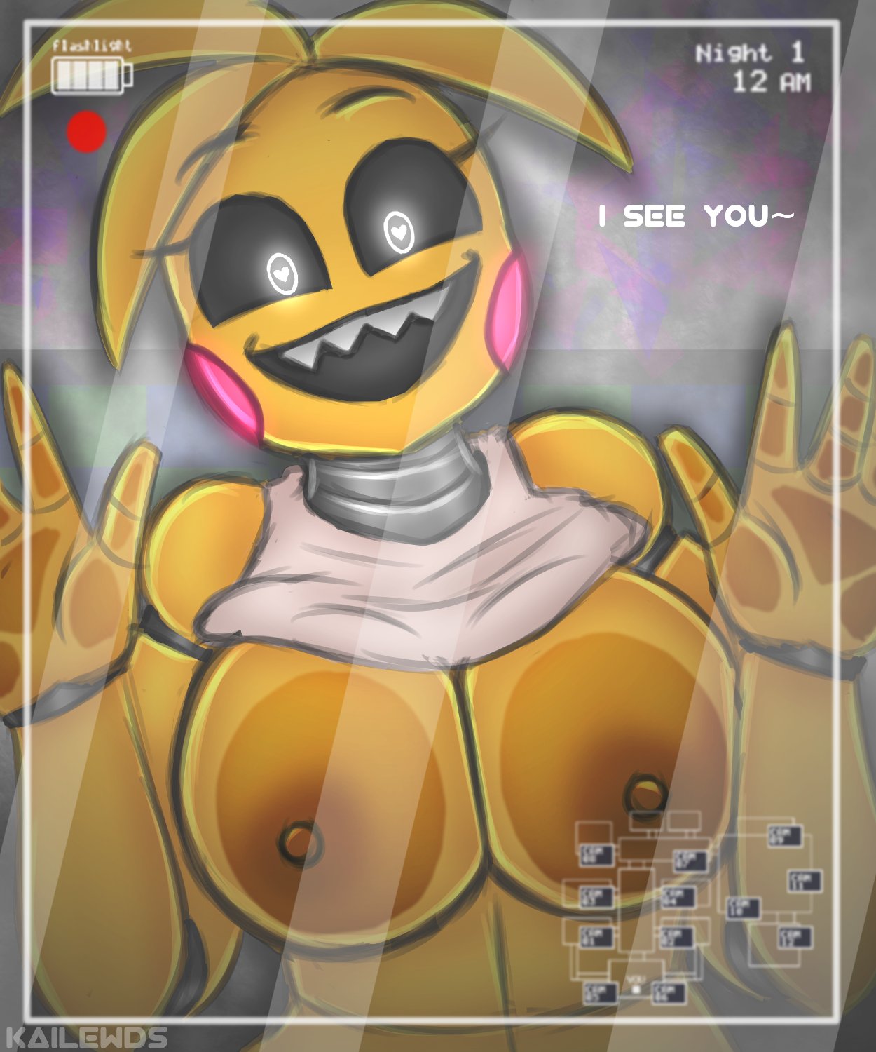 &lt;3 &lt;3_eyes against_surface animatronic anthro areola avian beakless bib big_breasts bird black_sclera breasts brown_areola brown_nipples camera_view chicken dialogue eyelashes female five_nights_at_freddy's five_nights_at_freddy's_2 galliform gallus_(genus) glowing glowing_eyes head_feathers head_tuft hi_res kailewds looking_at_viewer machine nipples on_glass open_mouth open_smile phasianid robot rosy_cheeks scottgames sharp_teeth smile solo talking_to_viewer teeth text toy_chica_(fnaf) tuft video_games white_eyes yellow_body