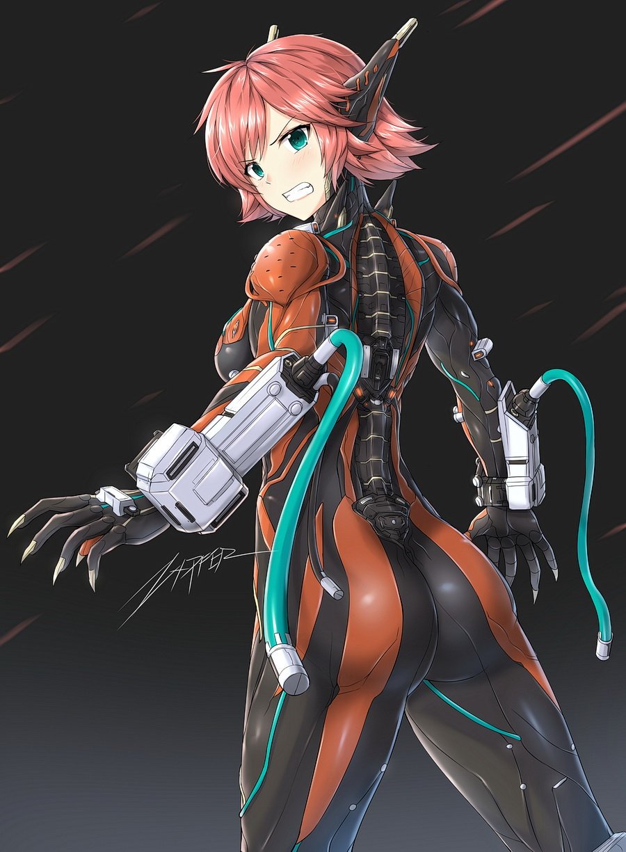 1girl angry artist_name blue_eyes bodysuit breasts cable claws clenched_teeth ear_ornament from_behind highres humanization looking_at_viewer looking_back pink_hair short_hair sideboob signature simple_background skin_tight solo teeth valkyr_(warframe) warframe zxpfer