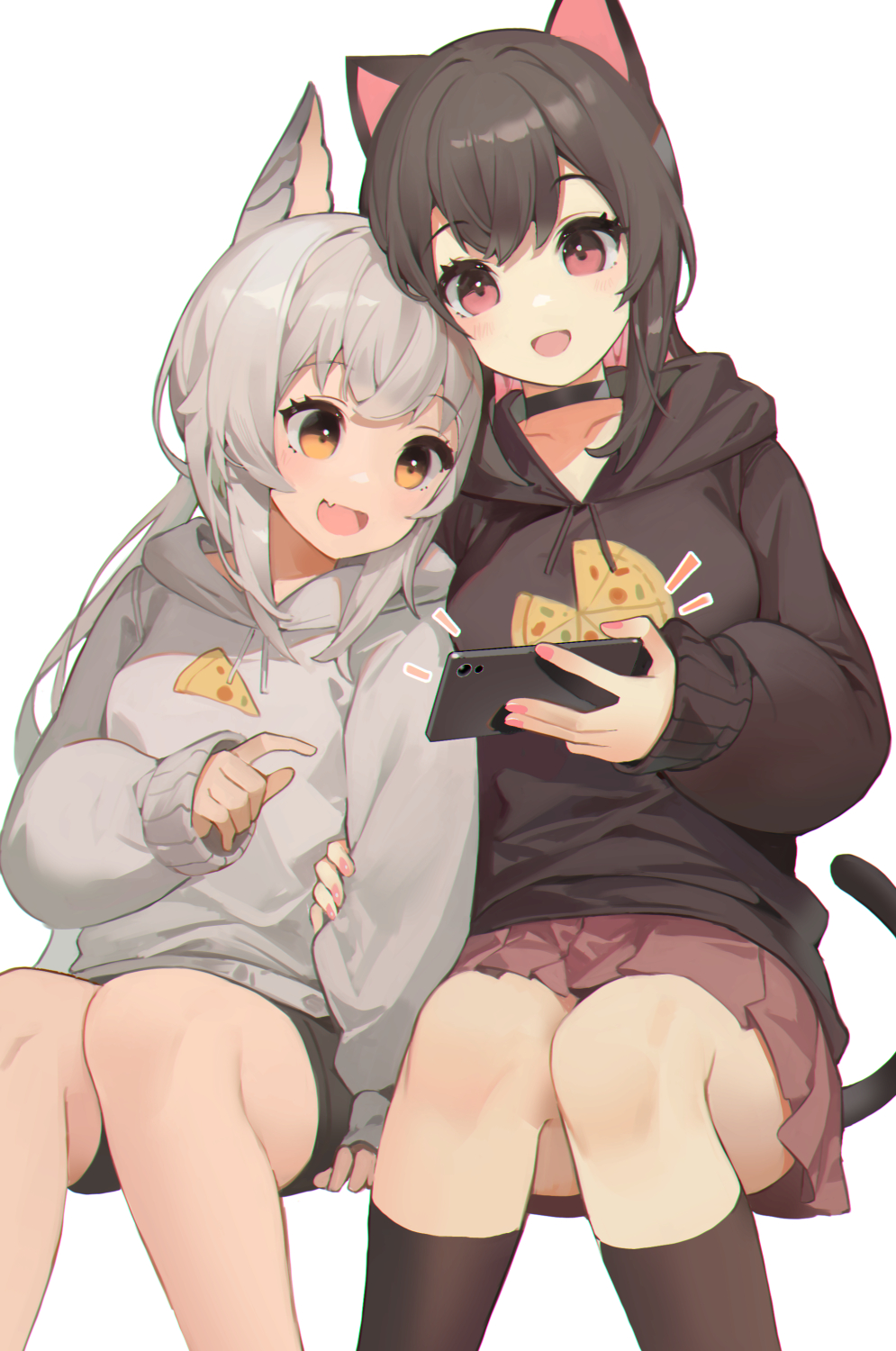 2girls :d akizone animal_ears bangs black_choker black_hoodie black_shorts black_socks breasts brown_skirt cat_ears cat_tail choker collarbone final_fantasy final_fantasy_xiv grey_hair grey_hoodie highres holding holding_phone hood hood_down hoodie kneehighs large_breasts long_hair multiple_girls notice_lines open_mouth orange_eyes original phone pointing shiny shiny_hair shorts sitting skirt smile socks tail