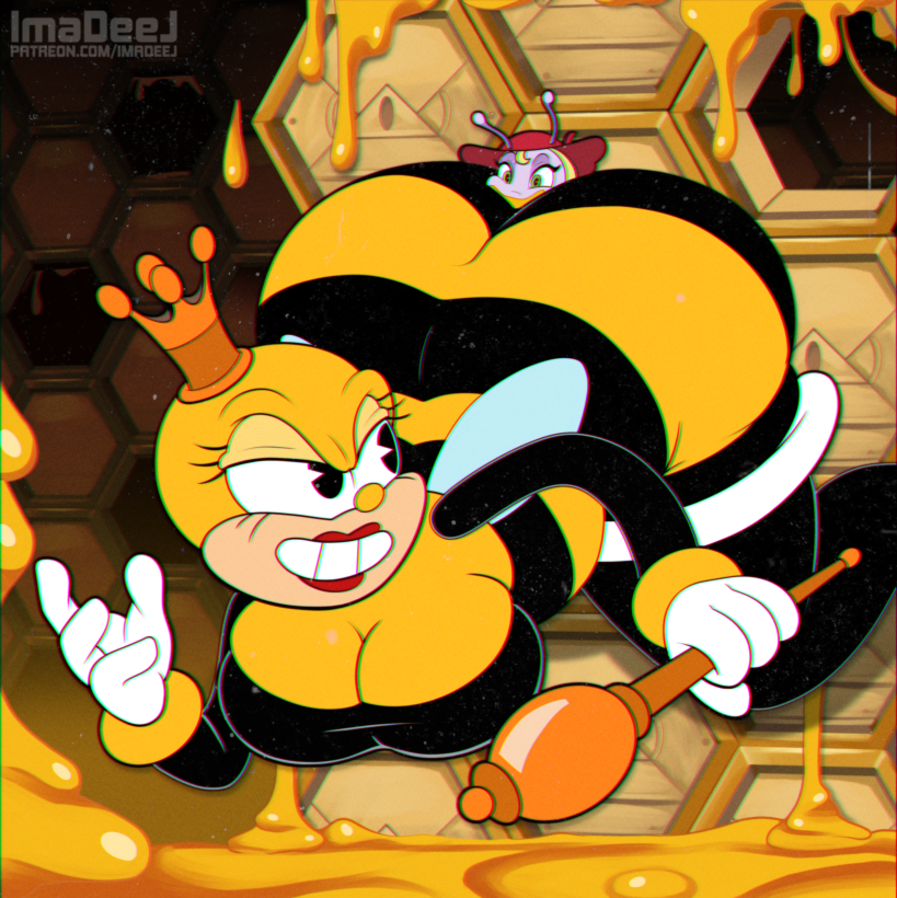 2022 4_fingers anthro arthropod bee beetle big_breasts big_butt breasts butt butt_smother clothing crown cuphead_(game) duo elateroid female fingers firefly food gloves grin handwear hat headgear headwear honey_(food) huge_butt hymenopteran imadeej insect light_bug_(cuphead) lipstick looking_back makeup rumor_honeybottoms smile smothering teeth video_games