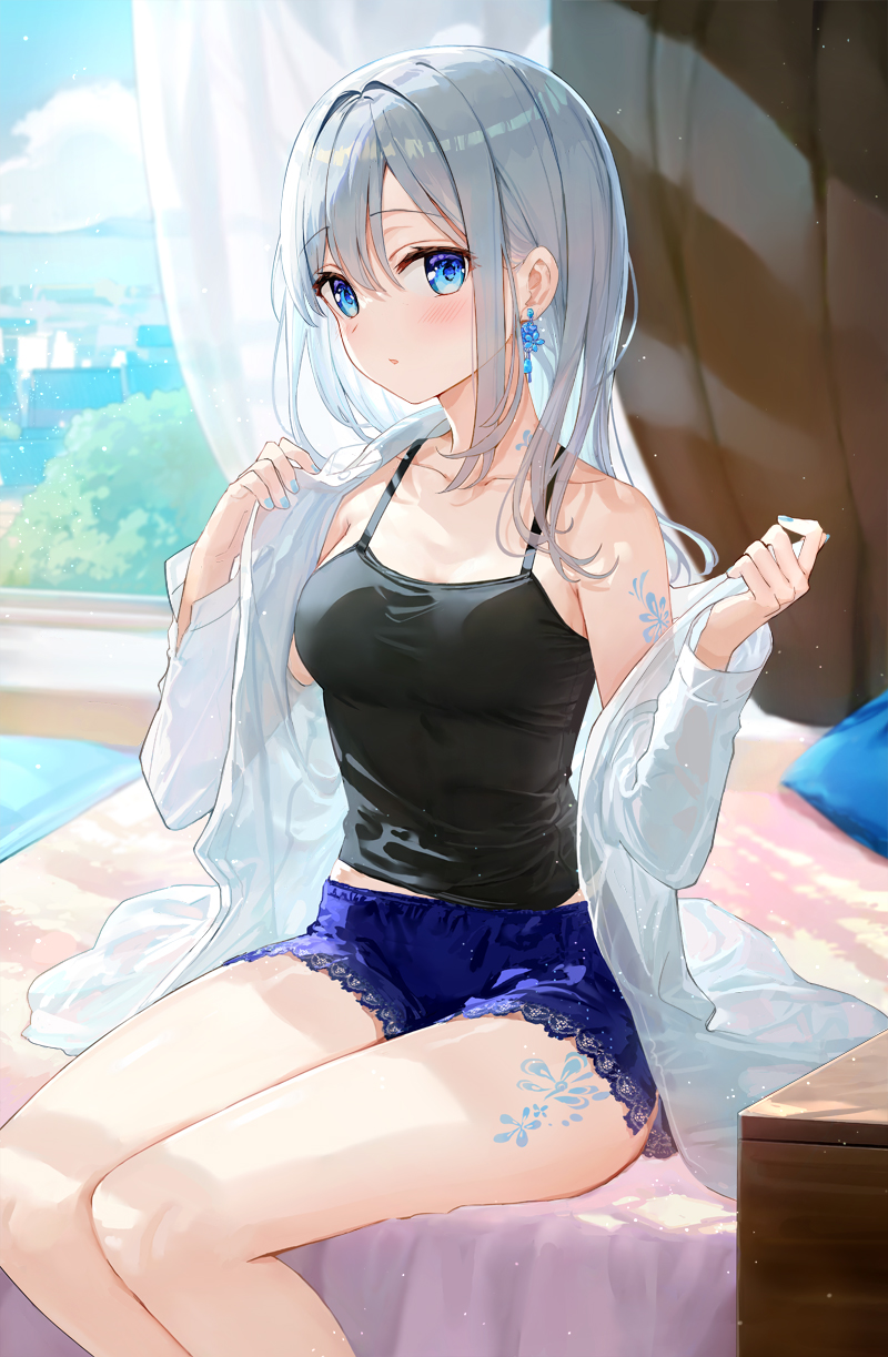 1girl arm_tattoo bangs bed blue_eyes blue_nails blue_shorts blue_sky breasts cloud collarbone commentary_request curtains earrings feet_out_of_frame flower_tattoo fuumi_(radial_engine) highres indoors jewelry lace-trimmed_shorts lace_trim leg_tattoo long_hair long_sleeves looking_at_viewer medium_breasts midriff nail_polish off_shoulder on_bed open_clothes open_shirt original parted_lips pillow see-through shirt short_shorts shorts sidelocks single_bare_shoulder sitting sky solo swept_bangs tank_top tattoo thighs undressing white_hair white_shirt window