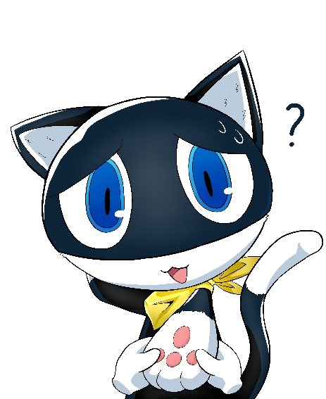 a_midnight_cat anthro atlus bandanna black_body black_fur blue_eyes bodily_fluids confusion dipstick_tail disembodied_hand domestic_cat duo felid feline felis fur kerchief looking_at_viewer male mammal markings mask megami_tensei megami_tensei_persona morgana_(persona) open_mouth paw_grab pawpads paws question_mark simple_background solo_focus sweat sweatdrop tail_markings video_games white_background white_body white_fur