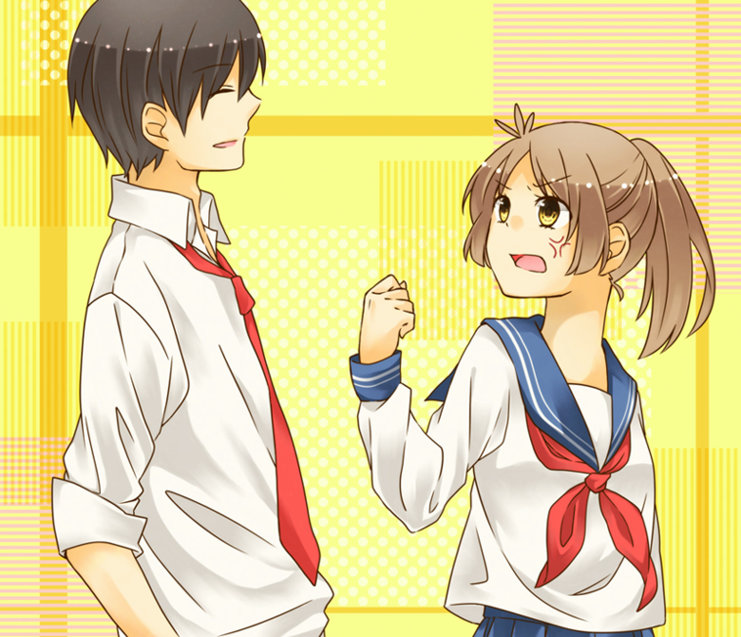 1boy 1girl ahoge akkun_to_kanojo anger_vein angry bangs black_hair blue_sailor_collar blue_skirt border brown_eyes clenched_hand closed_eyes cropped_arms dotted_background dress_shirt from_side kagari_chiho laika_(pixiv6702039) light_brown_hair long_sleeves looking_at_another loose_necktie matsuo_masago neckerchief necktie open_mouth outside_border pleated_skirt ponytail raised_fist red_neckerchief red_necktie sailor_collar school_uniform serafuku shirt short_hair skirt sleeve_cuffs sleeves_rolled_up striped striped_background upper_body upset white_serafuku white_shirt yellow_background