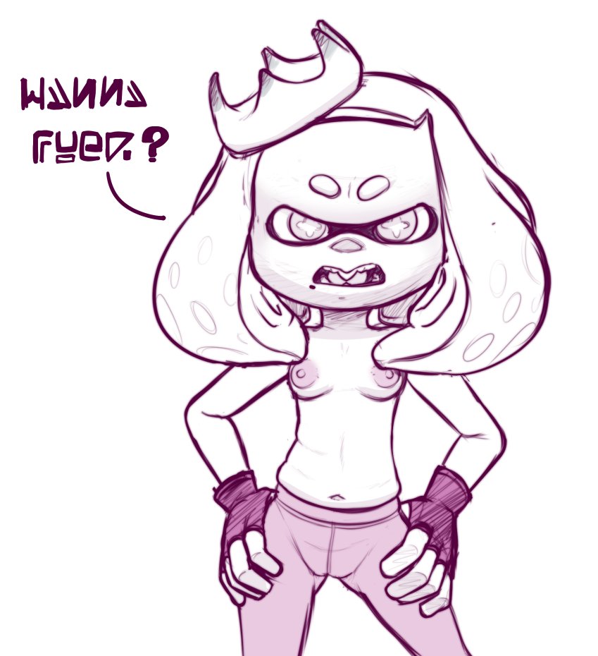 2022 animal_humanoid areola breasts camel_toe cephalopod cephalopod_humanoid clothed clothing dialogue female hexanne humanoid inkling inviting_to_sex marine marine_humanoid mollusk mollusk_humanoid monochrome navel nintendo nipples open_mouth pearl_(splatoon) pseudo_hair solo splatoon talking_to_viewer tentacle_hair tentacles topless video_games