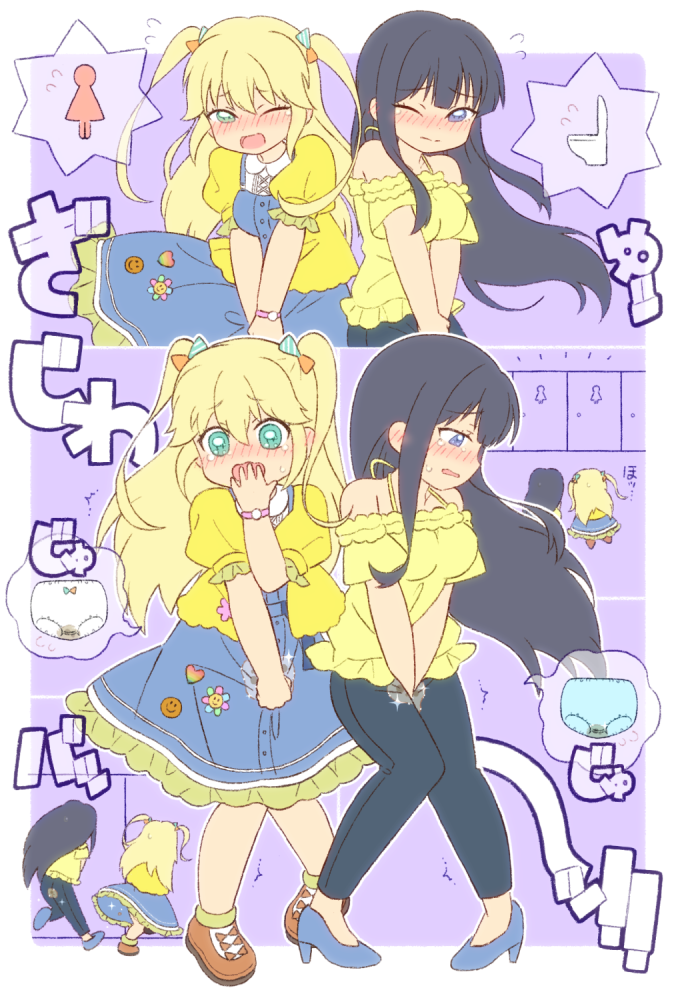 2girls bangs bare_shoulders bathroom between_legs black_hair black_pants blonde_hair blue_dress blue_eyes blue_footwear blush border bow breasts buttons character_request chibi chibi_inset closed_mouth collared_shirt commission copyright_request door dress ear_blush earrings ecstasy_mamo embarrassed flying_sweatdrops frilled_dress frilled_shirt frilled_sleeves frills full_body green_eyes hair_bow half-closed_eye half-closed_eyes hand_between_legs hand_to_own_mouth hand_up have_to_pee heart high_heels hoop_earrings jewelry long_hair looking_at_viewer looking_down medium_breasts multicolored_bow multiple_girls multiple_views nose_blush notice_lines off-shoulder_dress off_shoulder one_eye_closed open_mouth orange_footwear outline outside_border own_hands_together panties pants peeing peeing_self pigeon-toed pinafore_dress puffy_short_sleeves puffy_sleeves purple_background running shirt shoes short_sleeves sidelocks skeb_commission small_breasts spaghetti_strap sparkle speech_bubble split_mouth spoken_object standing sweat tears toilet translation_request trembling two_side_up underwear upper_body v_arms watch wet wet_clothes wet_panties white_border white_outline white_panties wide-eyed wince wristwatch yellow_shirt